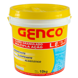 Cloro granulado GENCO L.E. 10kg para tratamento e desinfecção de piscinas.