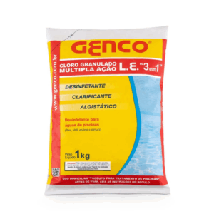 Cloro granulado Genco 1kg múltipla ação para tratamento completo de piscinas – disponível na PSS Elétrica no Recreio dos Bandeirantes.