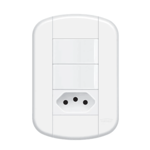 Interruptor duplo simples com tomada 2P+T 20A da Fame – disponível na PSS Elétrica no Recreio dos Bandeirantes.